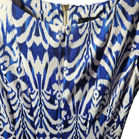 Blue & White Ikat Print Dress With Cap Sleeves & Back Zipper By Zarr Collection - Picture 2 of 6